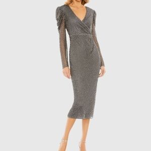 Mac Duggal Gray Beaded Wrap Over Puff Sleeve Dress